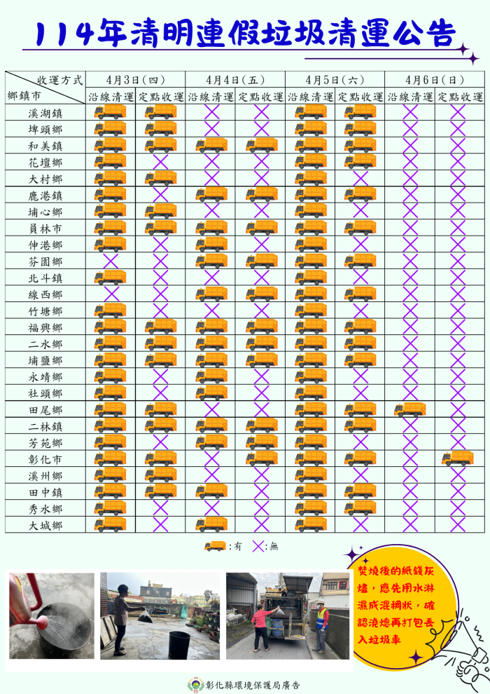 清明連假垃圾收運時間公告