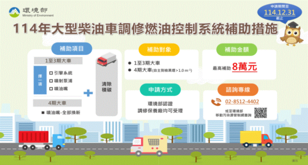 大型柴油車調修燃油控制系統或加裝空氣污染防制設備補助辦法宣導海報